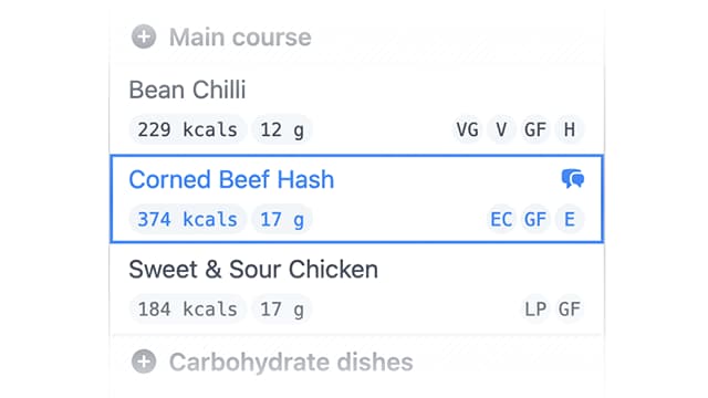 A menu item in the Food Services House Menu planner with menu codes.
