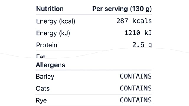 Product nutrition and allergen information from Food Services House.